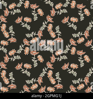 Chrysanthemum flowers drawing, bloom in brown colors, floral seamless pattern, nature abstract background vector. Line art botanical illustration graphic design print, fabric. Trendy black  wallpaper Stock Vector