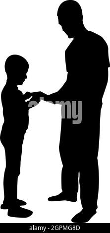 Silhouette man transmits thing to boy father male give book gadget smartphone son children take something dad relationship family concept child friendship toddler daddy black color vector illustration flat style image Stock Vector