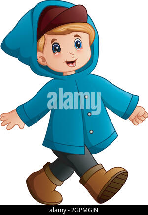 Cartoon boy in blue winter jacket walking Stock Vector