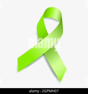 Lime green ribbon awareness Achalasia, Depression, Lymphoma, Mental Health, Lyme Disease. Isolated on white background. Vector  illustration. Stock Vector