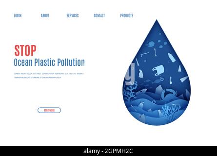 Web page stop ocean plastic pollution banner design template in paper cut style. Underwater view through the water drop silhouette. World Water Day Stock Vector