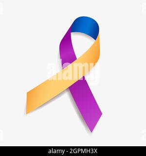 Blue, yellow, and purple ribbon awareness month Bladder cancer. Isolated on white background. Vector  illustration. Stock Vector