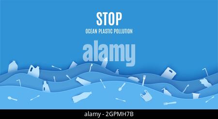 Stop ocean plastic pollution banner design template in paper cut style. Papercut 3d background with sea waves and trash. Ecological poster template Stock Vector