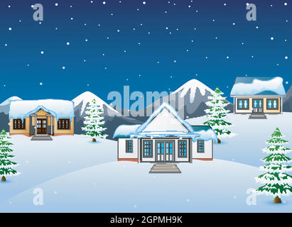 Winter night landscape with mountains and snowy house Stock Vector