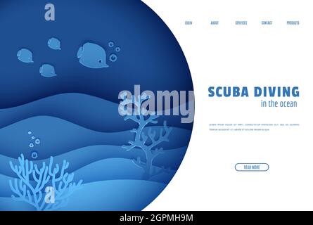 Landing page, cartoon underwater paper cut landscape, vector undersea ...