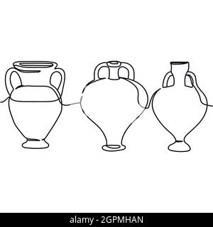 Continuous one line of ancient greek vases set in silhouette. Minimal style. Perfect for cards, party invitations, posters, stickers, clothing. Black abstract icon. Stock Vector
