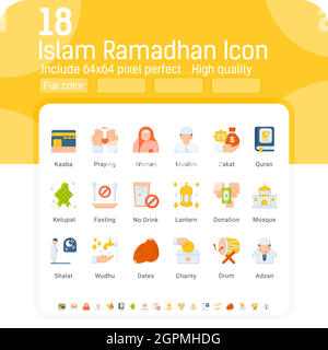 Islam ramadhan flat color icons vector set. Isolated on white background. Ramadhan icon with flat style. Islam ramadhan symbols emblems signs collection. Islam and ramadhan flat color icons set. Editable size and color Stock Vector