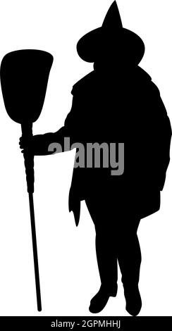 Silhouette fairy wizard witch standing with broom subject for halloween concept black color vector illustration flat style image Stock Vector
