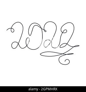 Continuous one line of New Year 2022 in silhouette. Minimal style. Perfect for cards, party invitations, posters, stickers, clothing. Black abstract icon. Stock Vector