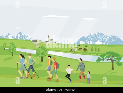 People and families hiking in leisure time illustration Stock Vector