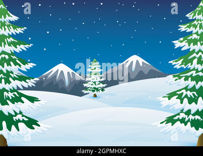 Winter night landscape with mountains and fir tree Stock Vector