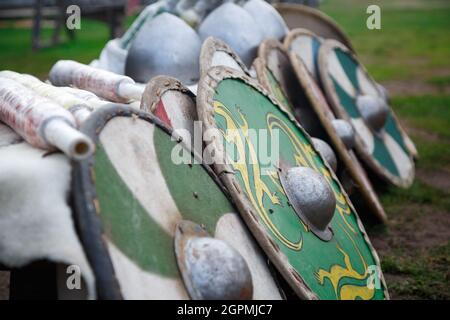 Reconstruction of middle ages - slavic wooden shields Stock Photo