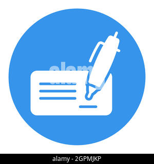 Blank bank check with pen and signature white glyph icon Stock Vector