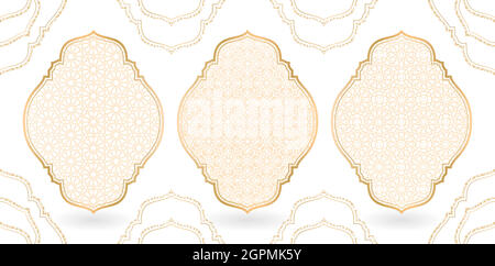 Islamic pattern with frame and golden line, isolated white background. three patterns design variation style, applicable for banner, poster, flyer, greeting cards, invitation for Islamic celebration.
