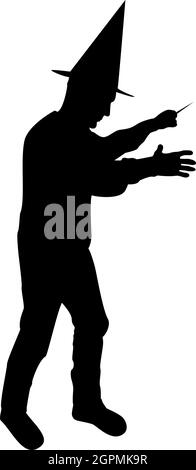 Silhouette wizard holds magic wand trick waving sorcery concept magician sorcerer fantasy person warlock man in robe with magical stick witchcraft in hat mantle mage conjure mystery idea enchantment black color vector illustration flat style image Stock Vector