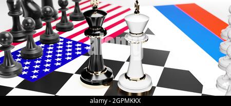 USA and Russia conflict, clash, crisis and debate between those two countries that aims at a trade deal and dominance symbolized by a chess game with Stock Photo