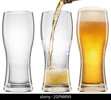 Set of three glasses with different beer level. Pouring beer into the beer glass isolated on white background. File contains clipping path. Stock Photo