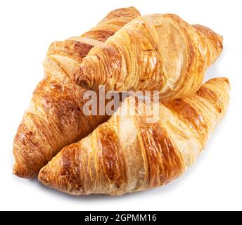 Tasty crusty croissants isolated on white background. Stock Photo