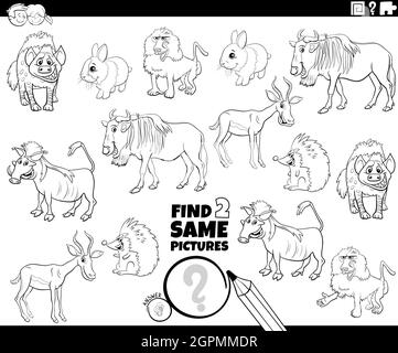 find two same wild animals game coloring book page Stock Vector