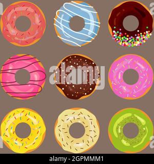 Collection set of cute sweet  donuts tasty glazed pastry with decoration on bright background Stock Vector
