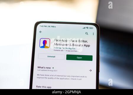 West Bangal, India - September 28, 2021 : Faceapp logo on phone screen stock image. Stock Photo