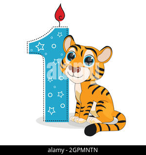 Cute cartoon tiger with number one vector illustration. Perfect for cards, party invitations, posters, stickers, clothing. Birthday concept Stock Vector