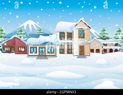 Winter landscape with mountains and snowy house Stock Vector