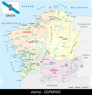 administrative vector map of the Spanish autonomous communities of galicia with flag Stock Vector