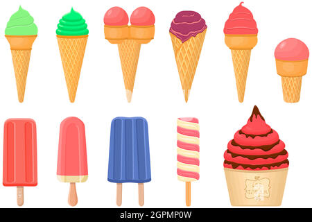 big kit ice cream popsicle different types in cone waffle cup Stock Vector