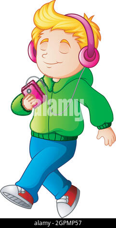 Cartoon boy walking and listening music player Stock Vector