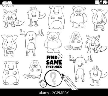 find two same animals game coloring book page Stock Vector