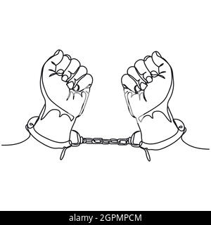 Continuous one line of handcuffed hands in silhouette. Minimal style. Perfect for cards, party invitations, posters, stickers, clothing. Black abstract icon. Stock Vector