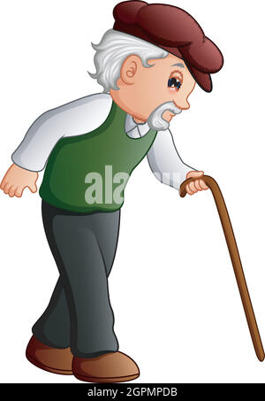 Vector illustration of Old man walking with a cane Stock Vector