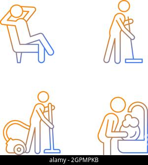 Household chores gradient linear vector icons set Stock Vector
