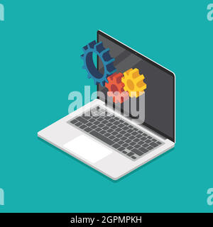 Mechanic gears on laptop screen isometric view. Vector illustration Stock Vector