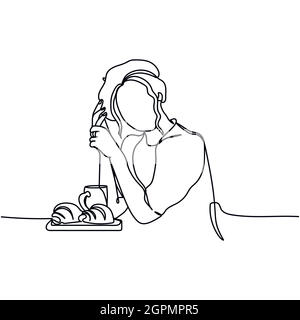 Continuous one line of women with croissant in silhouette. Minimal style. Perfect for cards, party invitations, posters, stickers, clothing. Black abstract icon. French restaurant concept Stock Vector