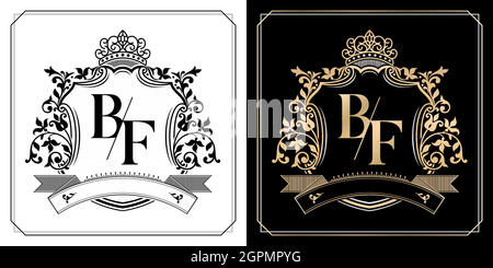 BF royal emblem with crown, initial letter and graphic name Frames Border of floral designs with two variation colors, BF Monogram, insignia, initial letter frames, wedding couple name Stock Vector