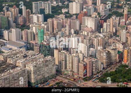 The high density urban development of Yau Ma Tei seen from Level 106 of the ICC, Union Square, West Kowloon, Hong Kong, in 2009 Stock Photo