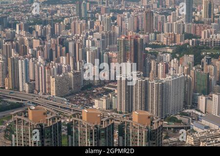 The high-density urban development of Yau Ma Tei and Mong Kok seen from Level 106 of the ICC, Union Square, West Kowloon, Hong Kong, in 2009 Stock Photo