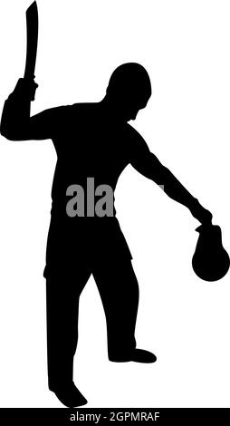 Silhouette man with sword machete cold weapons in hand military man soldier serviceman in positions hunter with knife fight poses strong defender warrior concept weaponry stand holding thing black color vector illustration flat style image Stock Vector