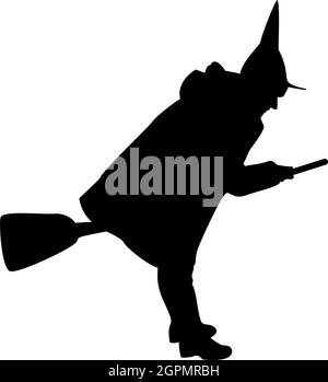 Silhouette fairy wizard witch flying on broom subject for halloween concept black color vector illustration flat style image Stock Vector