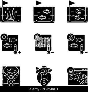 Fish product farming and storing black glyph icons set on white space Stock Vector
