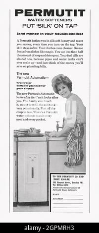 A 1960s advert for Permutit water softener on sale in the UK. The advert appeared in a magazine published in the UK in October 1962. The photograph shows a woman doing her washing-up next to the kitchen unit, which is huge compared with water softeners today. The words indicate the advantages and the cost-savings of the device. The British was founded in 1899 in Chiswick, west London. It became United Water Softeners Ltd until it changed back to The Permutit Company Ltd in 1937 – vintage 1960s graphics. Stock Photo