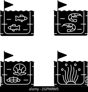 Commercial sea product farming black glyph icons set on white space Stock Vector