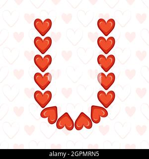 Letter U from red hearts on seamless pattern with love symbol. Festive font or decoration for valentine day, wedding, holiday and design Stock Vector