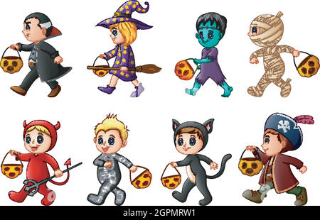 Happy Halloween. Set of cute cartoon children in Halloween costumes Stock Vector
