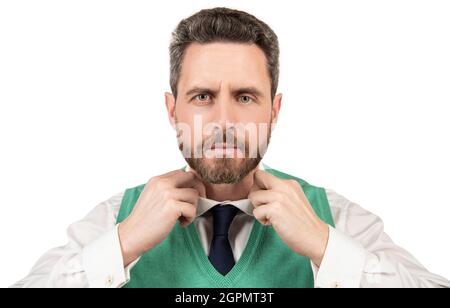 mature guy in formalweargetting dressed isolated on white background, male fashion Stock Photo