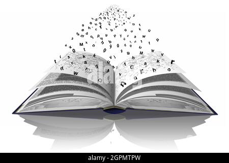 3D illustration. Letters and words fly from the book to infinity. Stock Photo