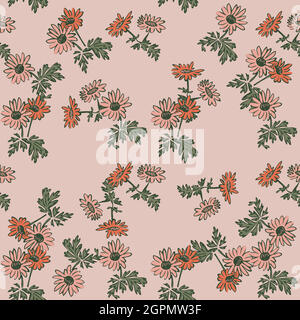 Drawing bloom Chrysanthemum flowers. Floral seamless pattern print. Nature abstract background vector wallpaper. Line art botanical illustration graphic design. Trendy pastel pink, green colors Stock Vector