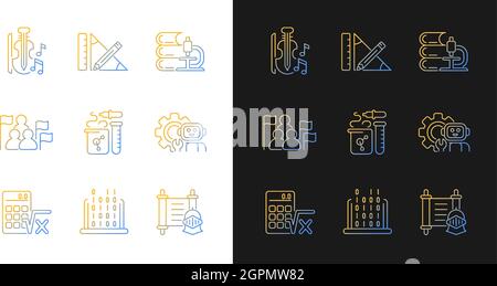 Different types of school subjects gradient icons set for dark and light mode Stock Vector